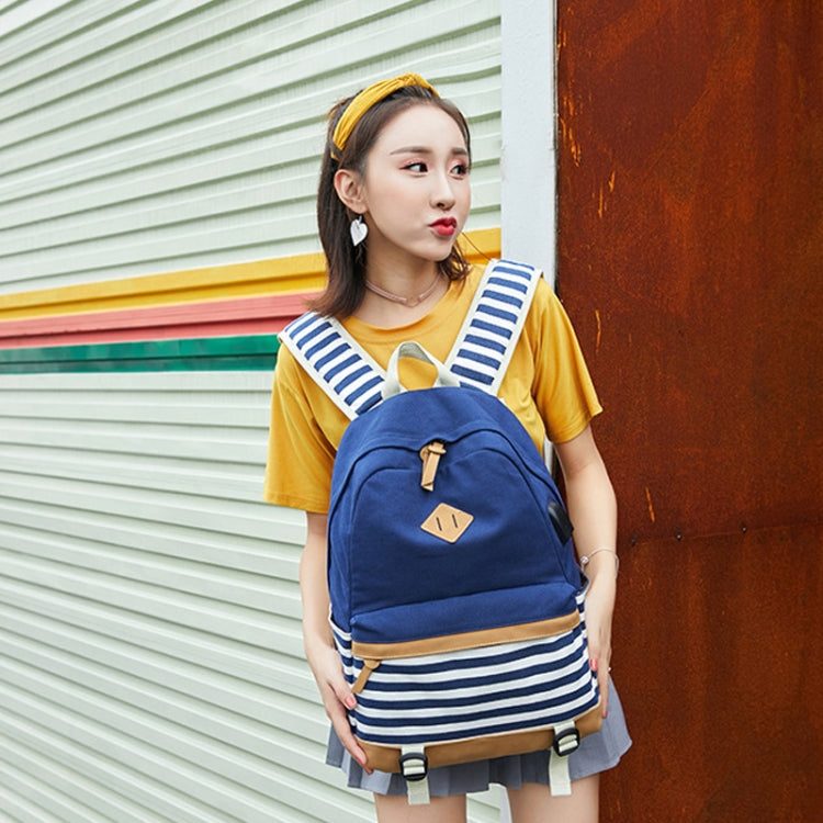 2 PCS/Set Printed Canvas Backpack Student School Bag Striped Large Capacity Backpack, Green, Black, Dark Blue, Pink, Grey