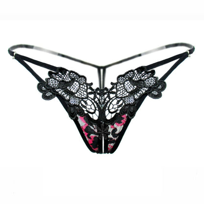 Women Openwork Embroidered Low Waist Open Thong Panties, One Size