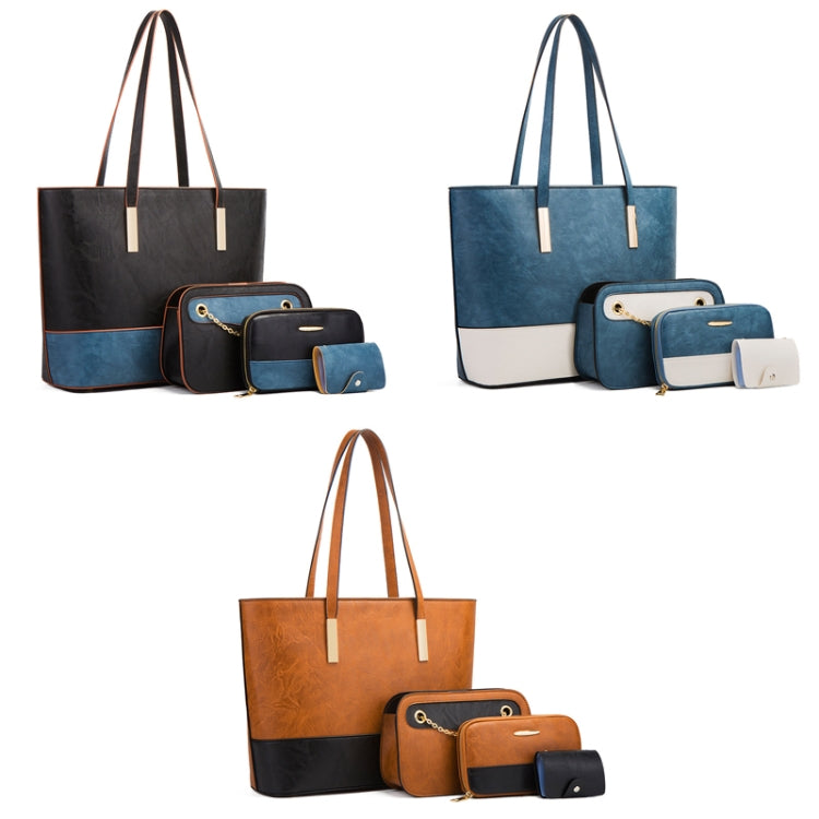 20820 4 in 1 Color-Block Messenger Handbag Large-Capacity Lady Bag, Black Blue, Blue White, Brown Black