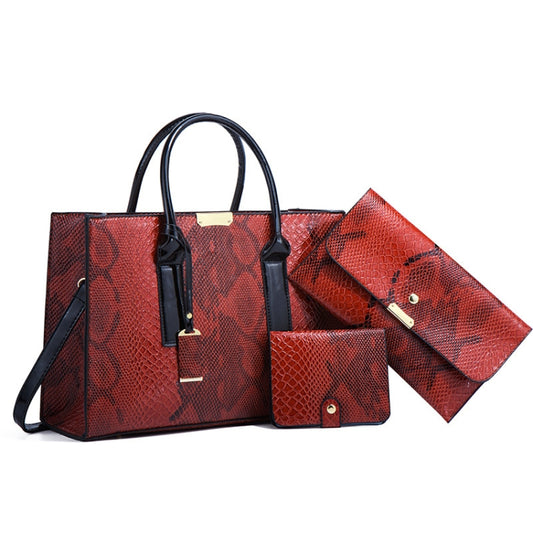 5168-1 3 In 1 Snakeskin Pattern Fashion Diagonal Handbag, Red, Black, Brown