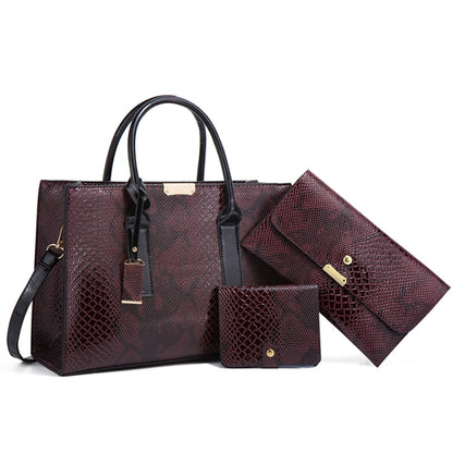 5168-1 3 In 1 Snakeskin Pattern Fashion Diagonal Handbag, Red, Black, Brown