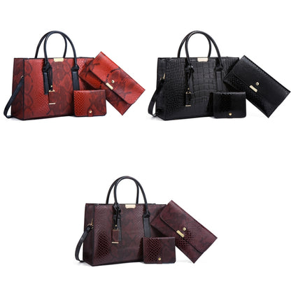 5168-1 3 In 1 Snakeskin Pattern Fashion Diagonal Handbag, Red, Black, Brown