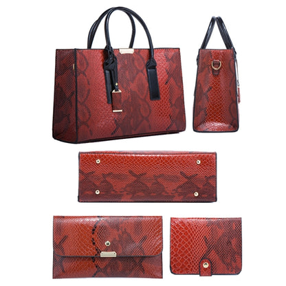 5168-1 3 In 1 Snakeskin Pattern Fashion Diagonal Handbag, Red, Black, Brown