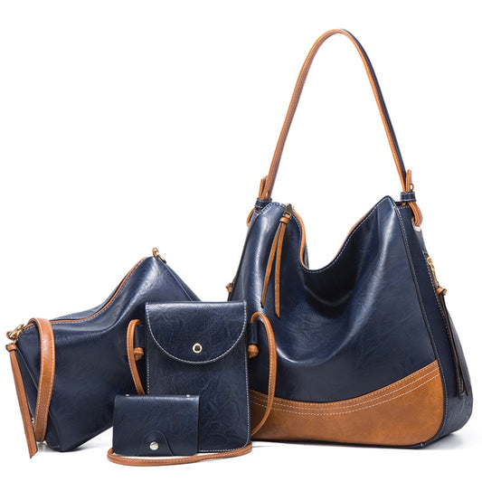 21506 4 in 1 Simple Color-Block Diagonal Handbags Fashion Large Capacity Soft Leather Bags, Navy Blue, Black, Dark Grey, Pink, Brown