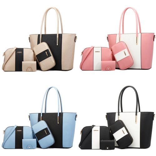 20822 4 in 1 Fashion Diagonal Handbags PU Large-Capacity Bag, Black Gold, Pink White, Blue Black, Black White