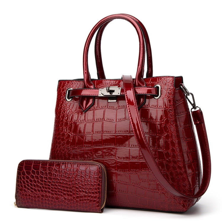 T5056 2 in 1 Crocodile Pattern Patent Leather Diagonal Handbags Large-Capacity Single-Shoulder Bag, Wine Red, Black, Brown