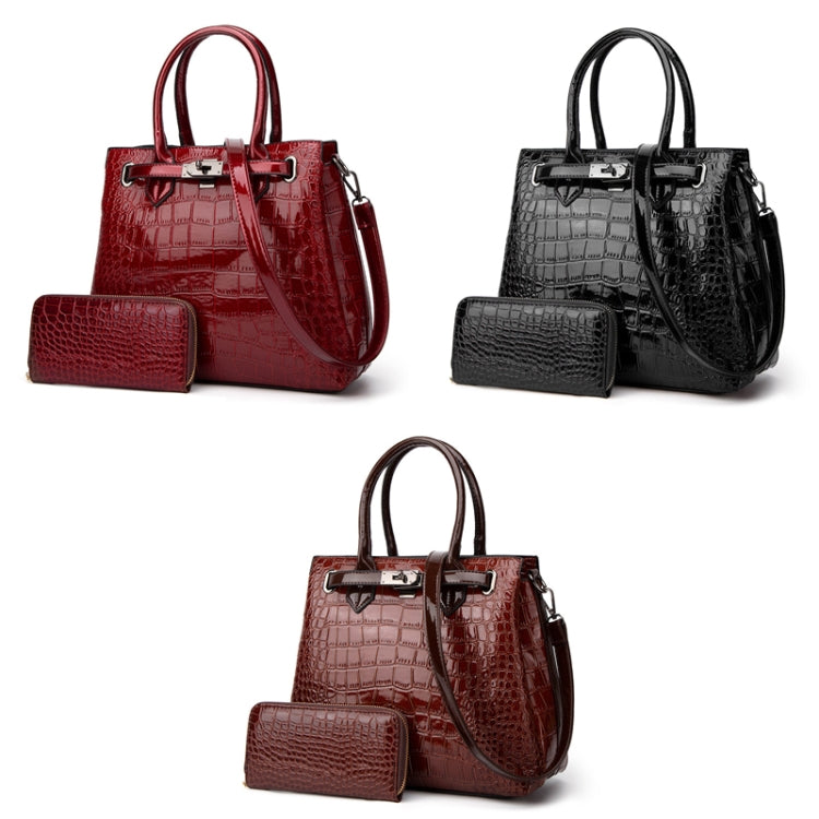 T5056 2 in 1 Crocodile Pattern Patent Leather Diagonal Handbags Large-Capacity Single-Shoulder Bag, Wine Red, Black, Brown