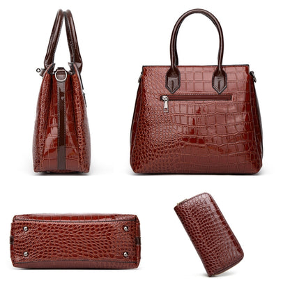 T5056 2 in 1 Crocodile Pattern Patent Leather Diagonal Handbags Large-Capacity Single-Shoulder Bag, Wine Red, Black, Brown