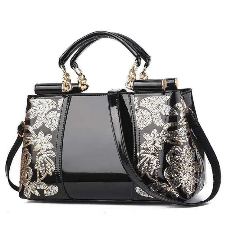 Ladies Single Sided Embroidered Shiny Leather Handbag, Red, Blue, Black, Rice-white, Red Wine