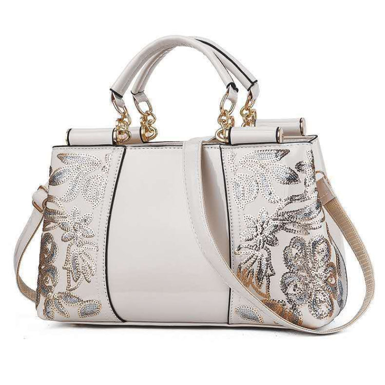 Ladies Single Sided Embroidered Shiny Leather Handbag, Red, Blue, Black, Rice-white, Red Wine