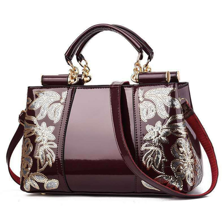 Ladies Single Sided Embroidered Shiny Leather Handbag, Red, Blue, Black, Rice-white, Red Wine