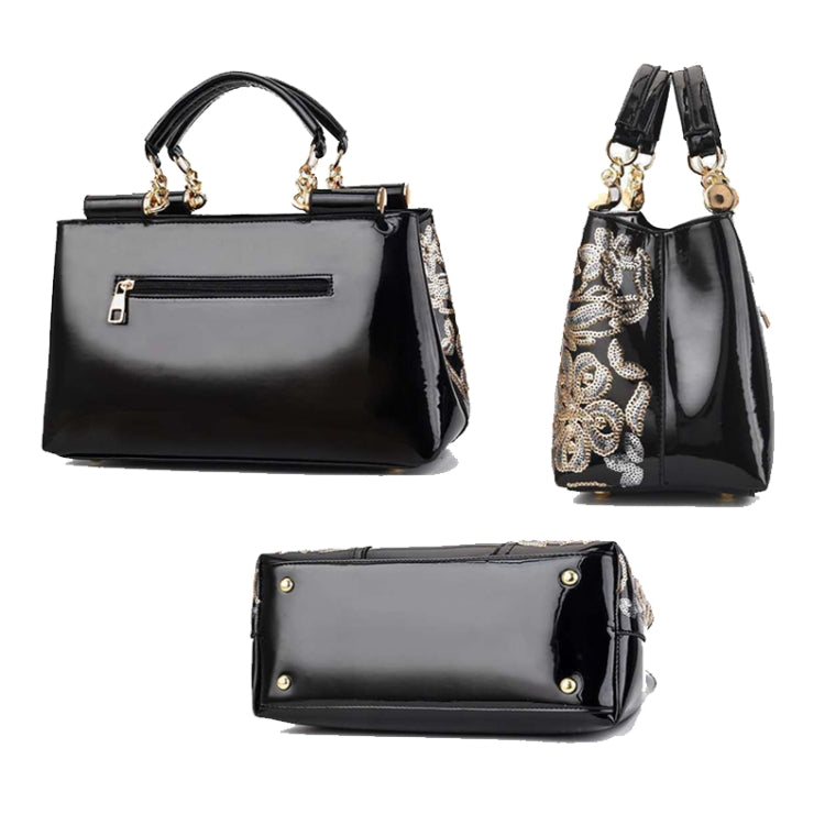 Ladies Single Sided Embroidered Shiny Leather Handbag, Red, Blue, Black, Rice-white, Red Wine