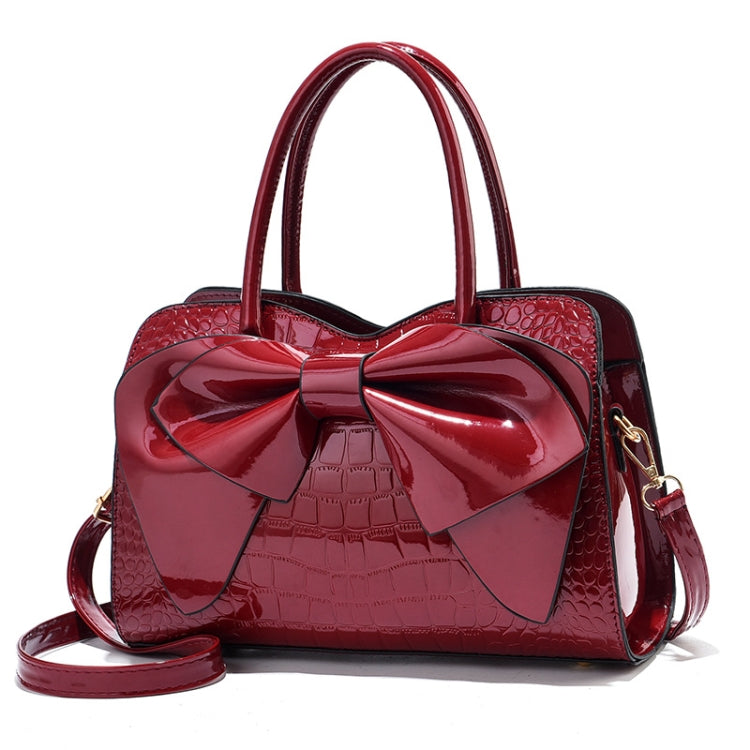 8111 Bow Bright Leather Ladies Handbag, Yellow, Red Wine, Khaki, Blue, Black, Light Green, Pink