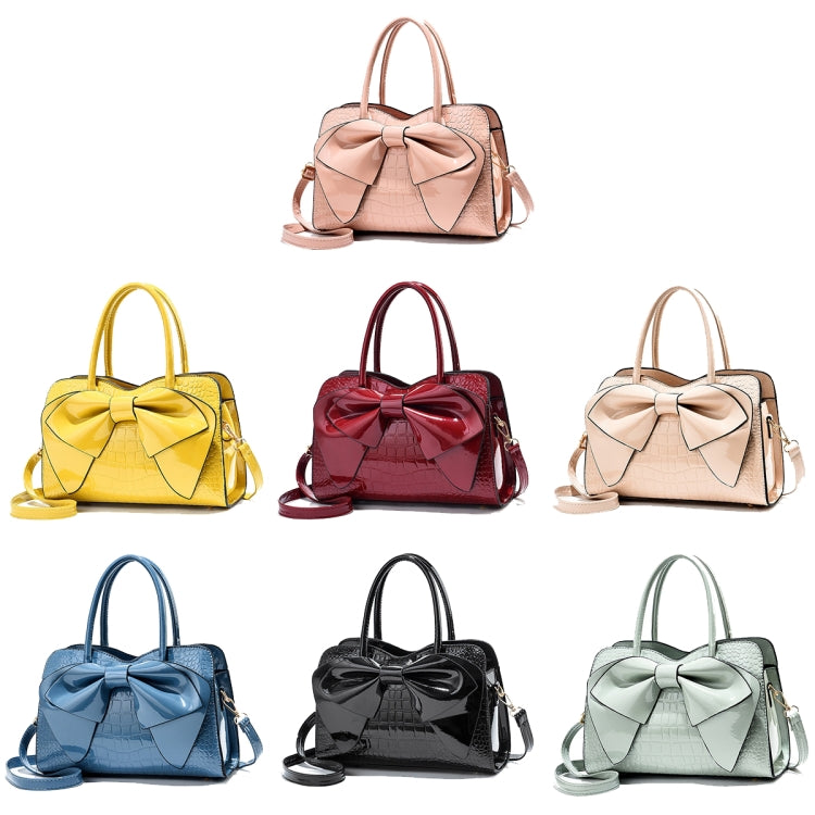 8111 Bow Bright Leather Ladies Handbag, Yellow, Red Wine, Khaki, Blue, Black, Light Green, Pink