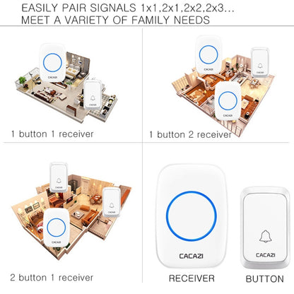 CACAZI A06-DC 1 to 2 Battery Smart Home Wireless Waterproof Doorbell, 1 to 2 (White), 1 to 2 (Black)