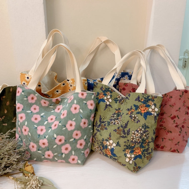 Retro Floral Bag Casual Tote Large Capacity Corduroy Handbag, Cherry, Yellow Daisy, Blue Daisy, Red Rose, Green Bottom Floral