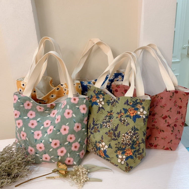 Retro Floral Bag Casual Tote Large Capacity Corduroy Handbag, Cherry, Yellow Daisy, Blue Daisy, Red Rose, Green Bottom Floral