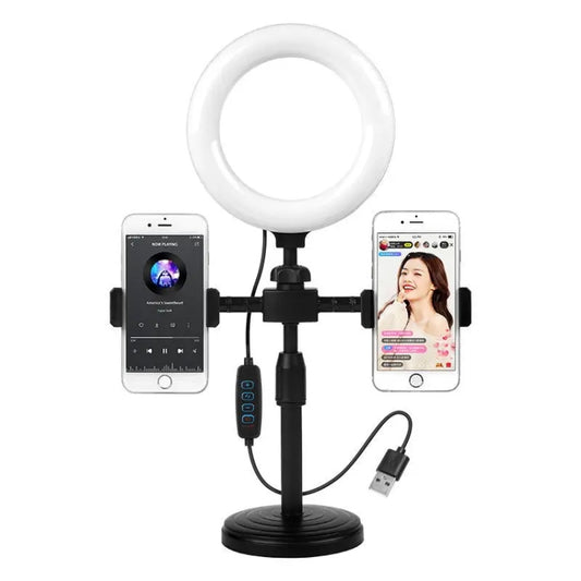 Round Plate Desktop Cell Phone Live Streaming Holder 6 inch Fill Light Selfie Portable Holder, Double-machine Position