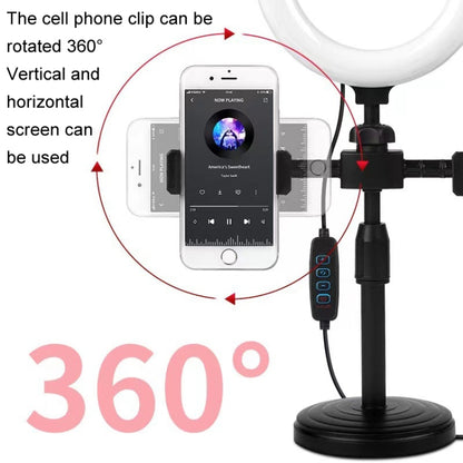 Round Plate Desktop Cell Phone Live Streaming Holder 6 inch Fill Light Selfie Portable Holder, Double-machine Position