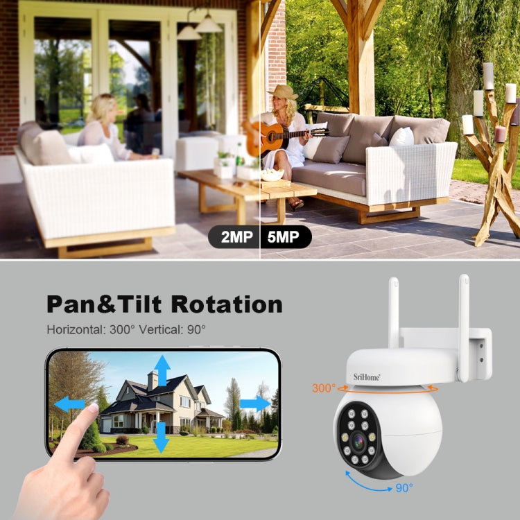 SriHome SH052B Wifi 5MP Wireless PTZ IP AI Auto Tracking Sound&Light Alarm Starlight Color Night Vision Outdoors Surveillance Camera, EU, US, UK, AU