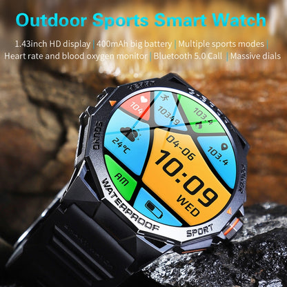 K62 1.43 Inch Waterproof Bluetooth Call Weather Music Smart Sports Watch, Black, Orange, Black Three-bead Steel, Silver Three-bead Steel, Black Leather, Brown Leather, Black Steel, Silver Steel