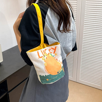 Oil Painting Style Cartoon Handbag Outdoor Portable Cute Single-shoulder Bag, Yellow, Cute Bunny, Work Progress, Salary, Peace, Happy Puppy, Persimmon