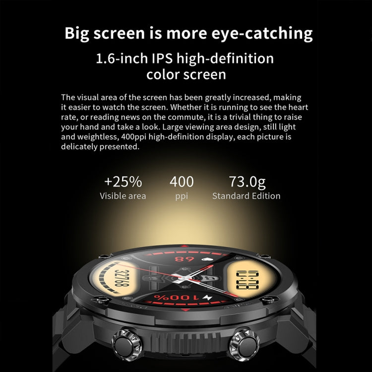 T30 1.6-inch Outdoor Sports Waterproof Smart Music Bluetooth Call Watch, Black, Dark Green, Black Steel+Silicone, Black Net+Silicone