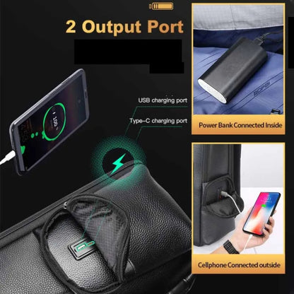 Bopai 61-123291 Large-capacity First-layer Cowhide Laptop Backpack with USB+Type-C Port, Lychee Pattern, Falling Pattern