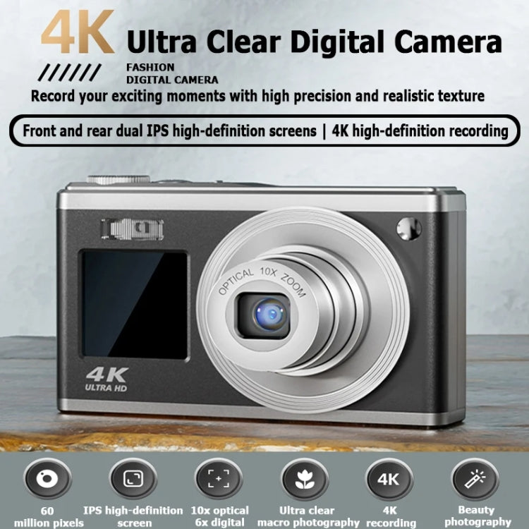 4K HD Optical Zoom Digital Camera 60MP Dual Screen Selfie Camera, No Memory, Black, White, Silver