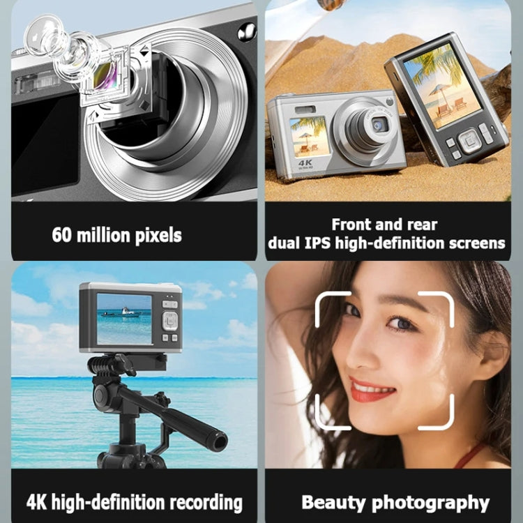 4K HD Optical Zoom Digital Camera 60MP Dual Screen Selfie Camera, No Memory, Black, White, Silver