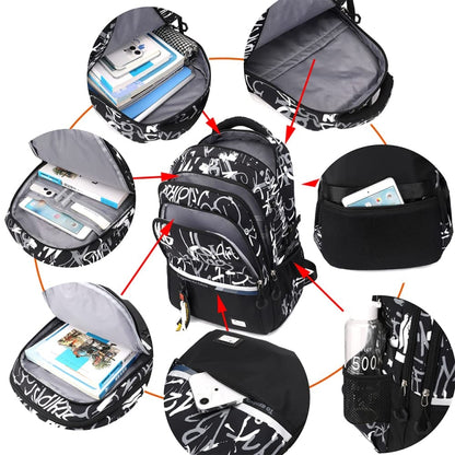 For Teens Boys Travel Laptop Backpack School Bag Casual Book Bag, Black, White Gray Letter, Graffiti, Camouflage Gray, Blue Camouflage, Letter 123