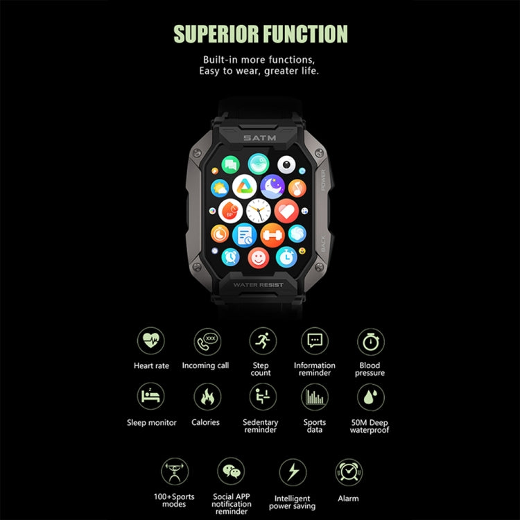 C20Plus 1.81-inch Health Monitoring Waterproof Bluetooth Call Smart Watch, Black, Green, Camouflage Black, Camouflage Green, Black Leather, Brown Leather, Black Steel, Black Bamboo Knot, Black 3-Beads