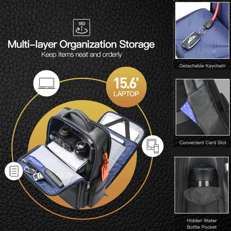 Bopai 61-17311 Large-capacity First-layer Cowhide Laptop Backpack With USB+Type-C Port, 61-17311