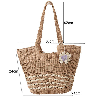 Knitting Straw Shoulder Bag Hollow Wave Large Capacity Tote Bag With Lining