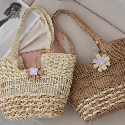Knitting Straw Shoulder Bag Hollow Wave Large Capacity Tote Bag With Lining