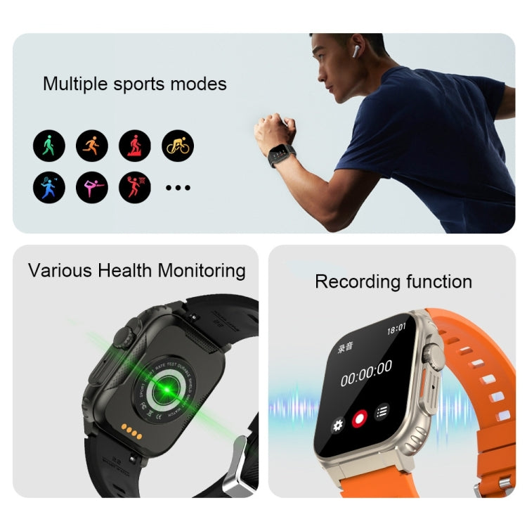 A70 1.96 Inch Health Monitoring Multifunctional IP68 Waterproof Bluetooth Call Smart Watch, Black Steel, Silver Steel