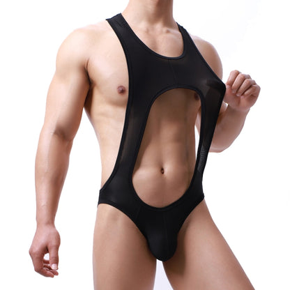 Men Fine Mesh Breathable One-piece Underwear Bodysuit, M, L, XL, XXL