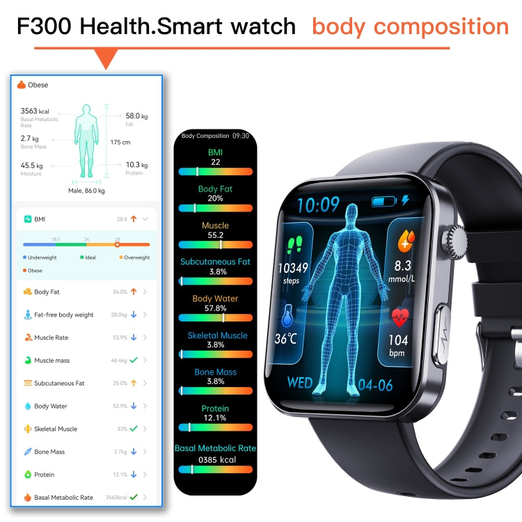 F300  2.1-Inch Screen Smart Watch Supports Bluetooth Calls/ECG/Blood Composition Analysis/50+ Sports Modes, Black Silicone, Black Pink Silicone, Black Gray Silicone, Black Milan, Black 3-Beads Steel, Black Leather, Black Brown Leather