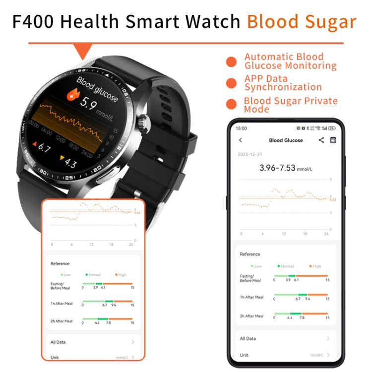 F400  1.55 Inch Screen Smart Watch Support ECG/ Blood Oxygen / Blood Sugar / 150+ Sports Mode, Black Silicone, Black Gray Silicone, Black Leather, Black Brown Leather, Black Milan, Black 3-Beads Steel, Black Bamboo