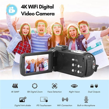 4K  Digital Video Camera 3 Inch IPS Touch Screen 56MP 18X Digital Zoom WiFi Camcorder, Standard, Set 1, Set 2, Set 3