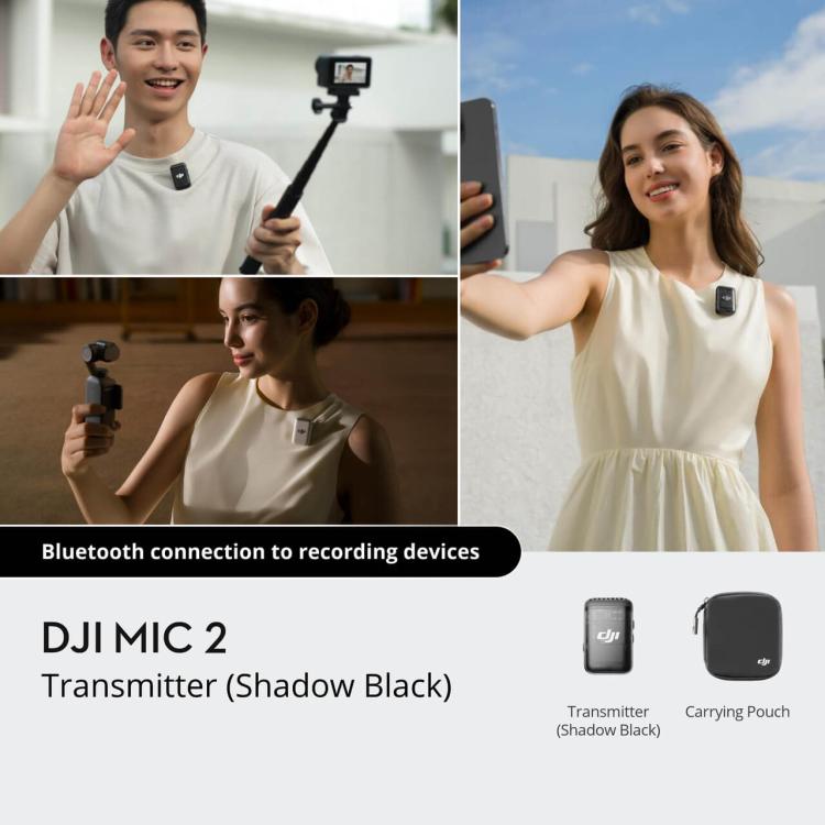 DJI Mic 2 Transmitter Bluetooth Connection To Recording Devices, 1 TX (Shadow Black), 1 TX (Pearl White)