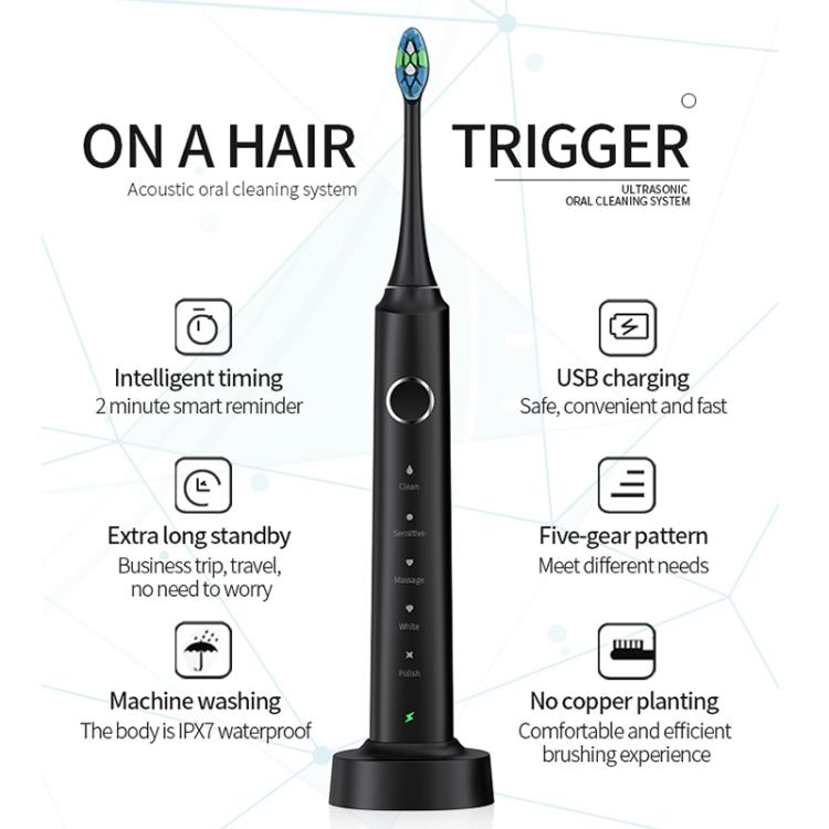 IPX7 Waterproof Smart Portable Sonic Electric Toothbrush with 6-brush Heads