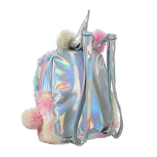 Unicorn Backpack Bag For Teenager Colorful Fur Leather Schoolbag Female Travel Shoulder Bag