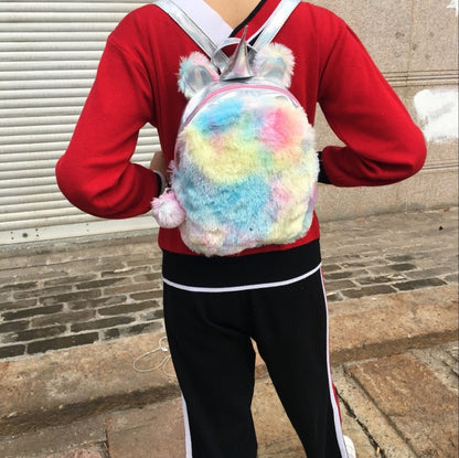 Unicorn Backpack Bag For Teenager Colorful Fur Leather Schoolbag Female Travel Shoulder Bag