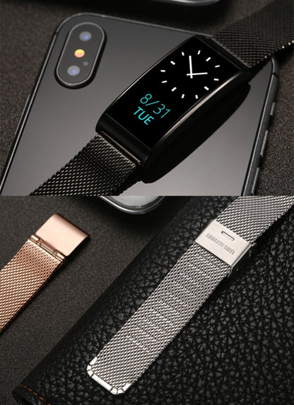 X3 0.96 inch Screen Display Steel Watch Band Bluetooth Smart Bracelet, IP68 Waterproof, Support Pedometer / Heart Rate Monitor / Sleep Monitor / Blood Pressure Monitor, Compatible with Android and iOS Phones, Steel Watch Band/Gold, Steel Watch Band/Silver