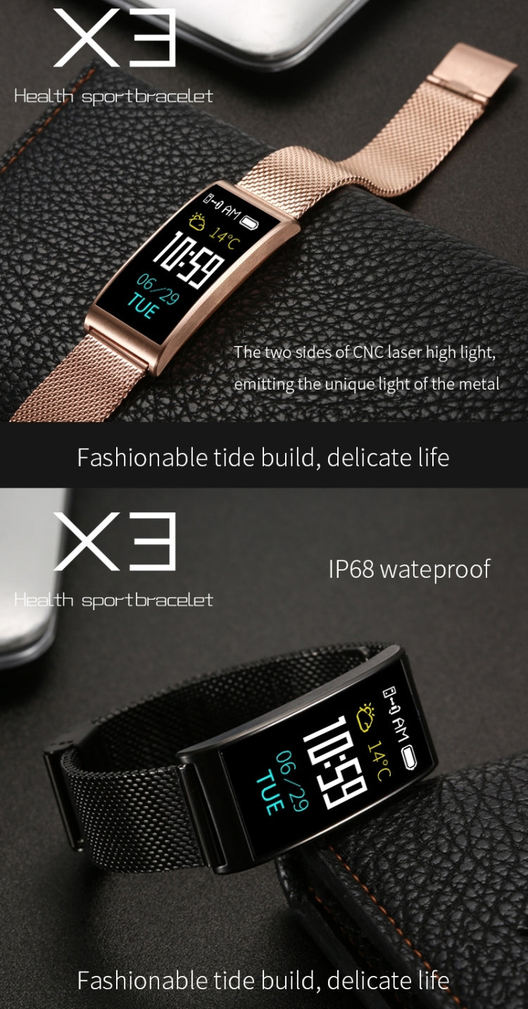 X3 0.96 inch Screen Display Steel Watch Band Bluetooth Smart Bracelet, IP68 Waterproof, Support Pedometer / Heart Rate Monitor / Sleep Monitor / Blood Pressure Monitor, Compatible with Android and iOS Phones, Steel Watch Band/Gold, Steel Watch Band/Silver