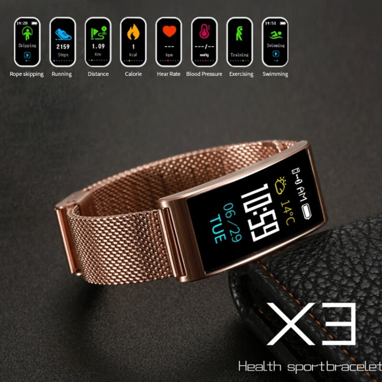 X3 0.96 inch Screen Display Steel Watch Band Bluetooth Smart Bracelet, IP68 Waterproof, Support Pedometer / Heart Rate Monitor / Sleep Monitor / Blood Pressure Monitor, Compatible with Android and iOS Phones, Steel Watch Band/Gold, Steel Watch Band/Silver