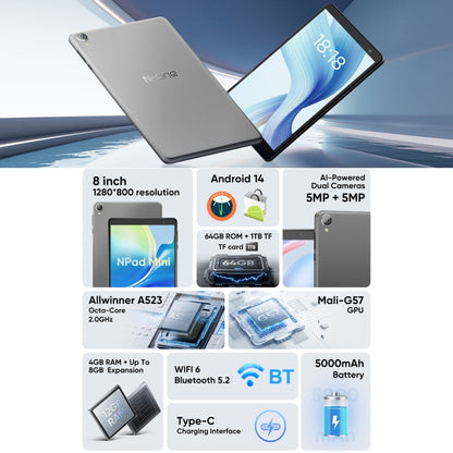 N-ONE Npad Mini Wi-Fi Tablet PC, 4GB+64GB, 8.0 inch Android 14 Allwinner A523 Octa Core, US Plug, Npad Mini