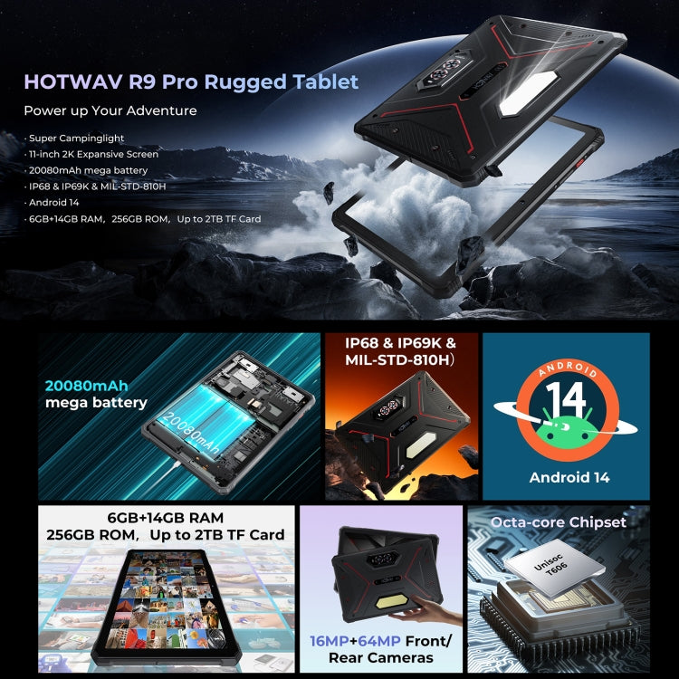 HOTWAV Tab R9 Pro IP68/IP69K Rugged Tablet, 6GB+256GB, 11 inch Android 14 Unisoc T606 Octa Core 4G Network, Global Version with Google Play, EU Plug, Tab R9 Pro