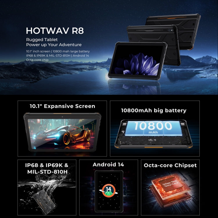 HOTWAV Tab R8 IP68/IP69K Rugged Tablet, 4GB+128GB, 10.1 inch Android 14 Unisoc T606 Octa Core 4G Network, Global Version with Google Play, EU Plug, Tab R8